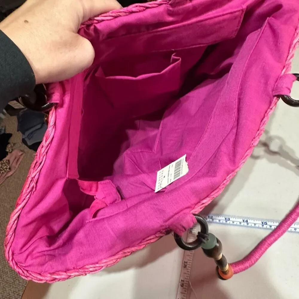 NWT Barney’s NY Pink Straw‎ Beaded Handle Tote Bag